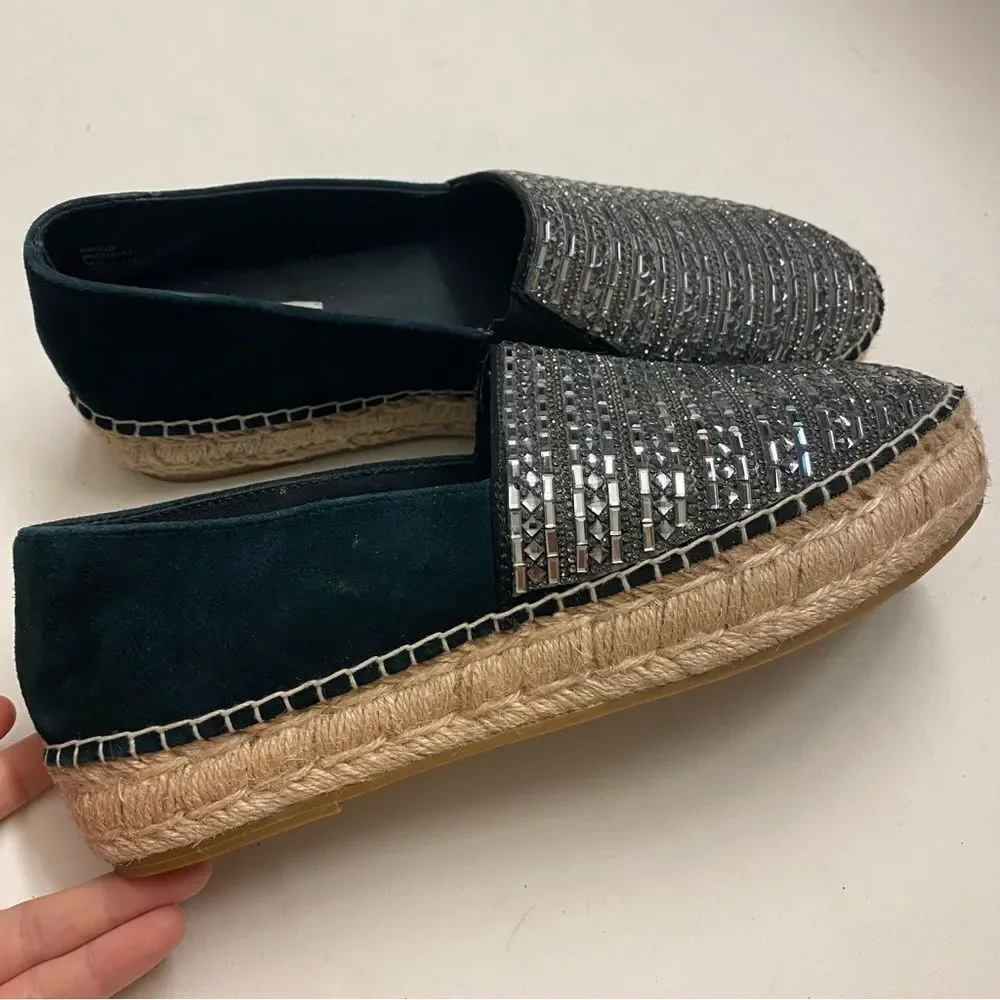 STEVE MADDEN Proud Black Silver Embellished Leather Platform Espadrilles shoe 10